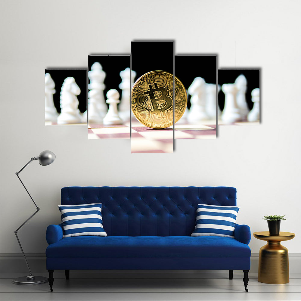 Golden Bitcoin with white chess isolated on black background multi panel canvas wall art