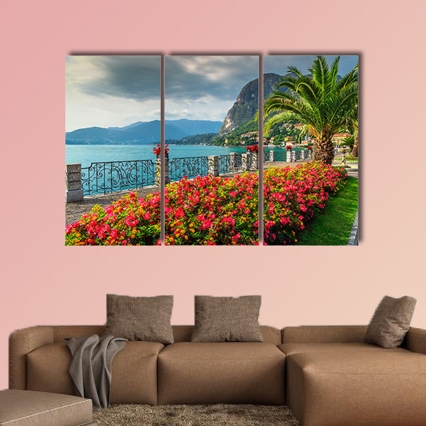 Wonderful promenade with colorful flowers Lake Como, Europe multi panel canvas wall art