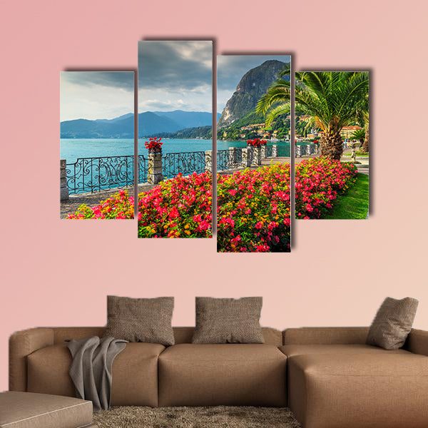 Wonderful promenade with colorful flowers Lake Como, Europe multi panel canvas wall art