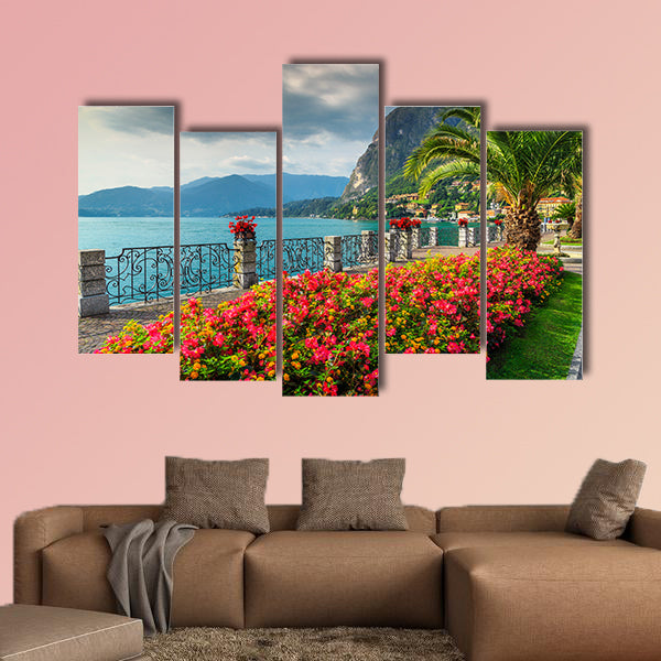Wonderful promenade with colorful flowers Lake Como, Europe multi panel canvas wall art