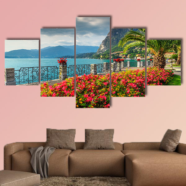 Wonderful promenade with colorful flowers Lake Como, Europe multi panel canvas wall art