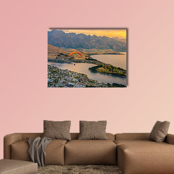 Paragliding over Queenstown and Lake Wakaitipu multi panel canvas wall art