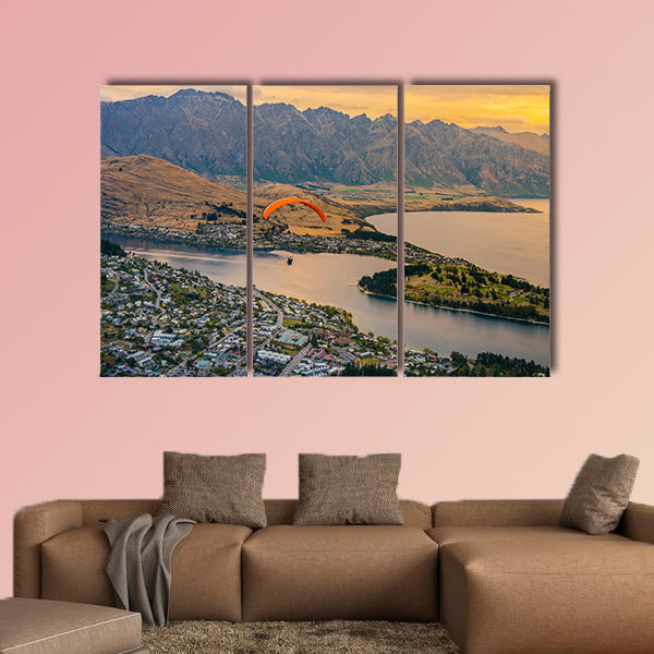 Paragliding over Queenstown and Lake Wakaitipu multi panel canvas wall art