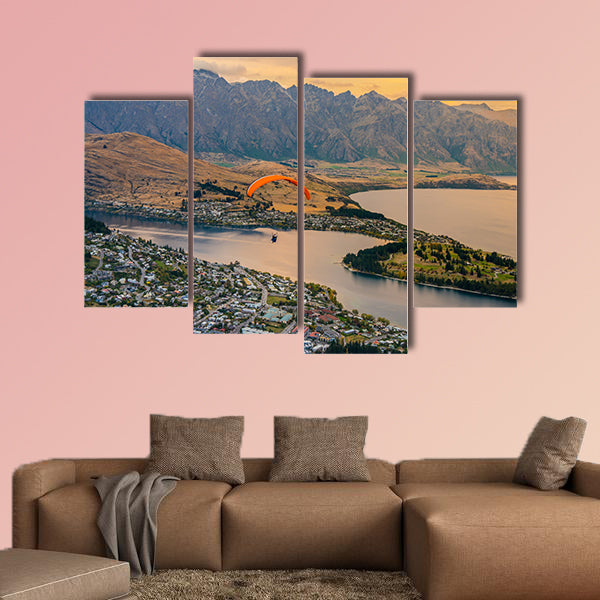 Paragliding over Queenstown and Lake Wakaitipu multi panel canvas wall art