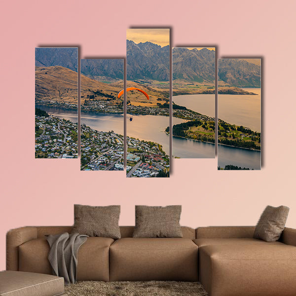 Paragliding over Queenstown and Lake Wakaitipu multi panel canvas wall art