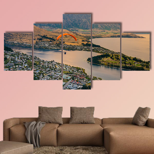 Paragliding over Queenstown and Lake Wakaitipu multi panel canvas wall art