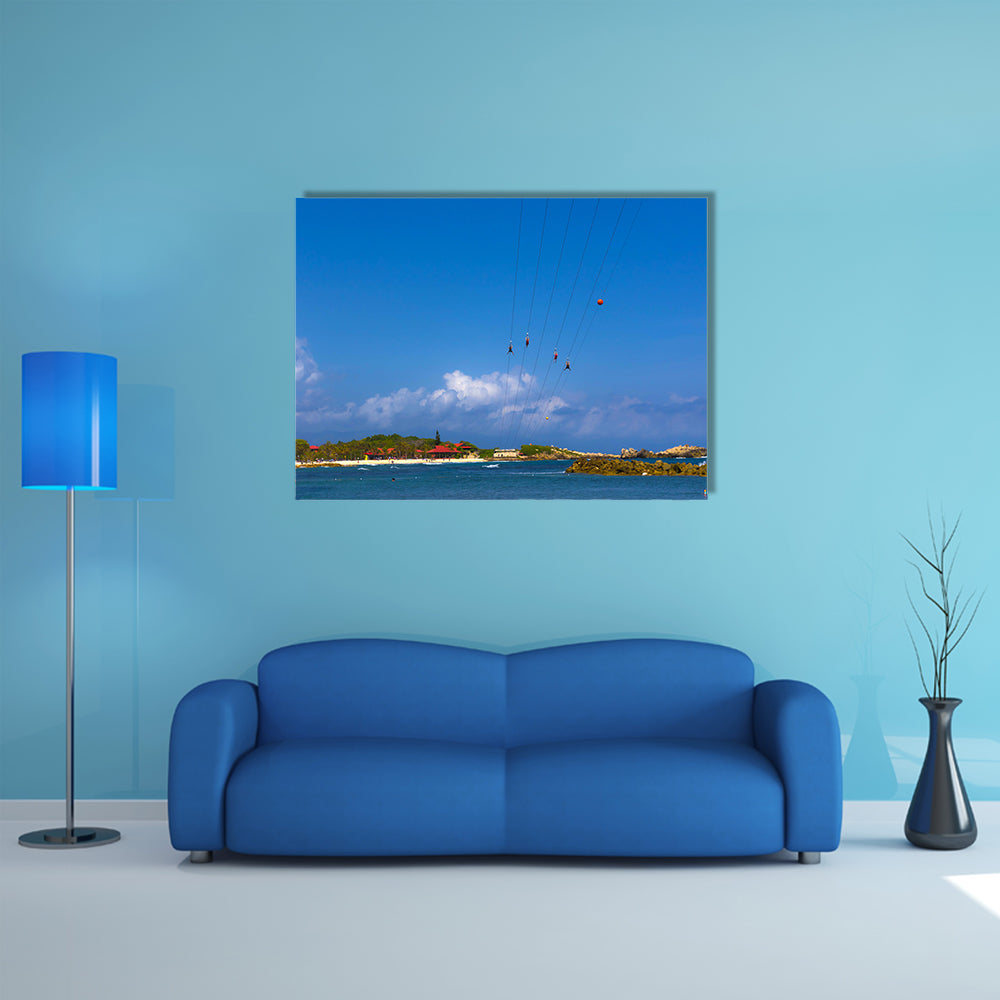 People flying at high zipline on Caribbean Multi panel canvas wall art