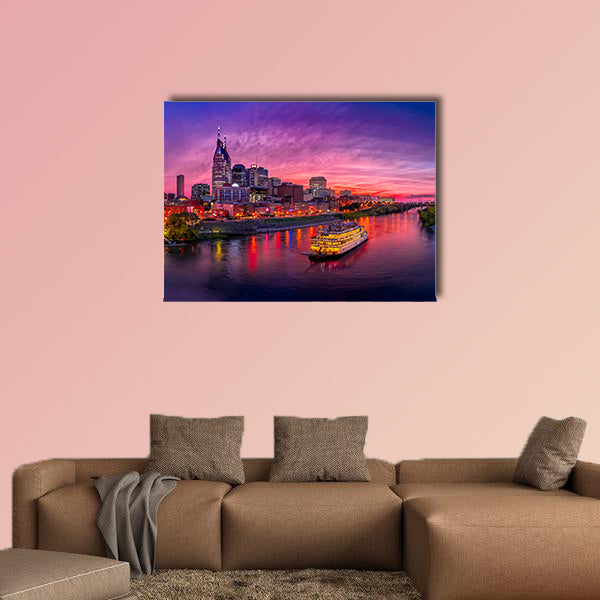 Scenery of Nashville Skyline with boat multi panel canvas wall art