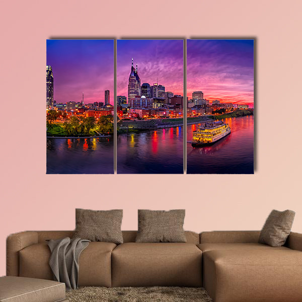 Scenery of Nashville Skyline with boat multi panel canvas wall art