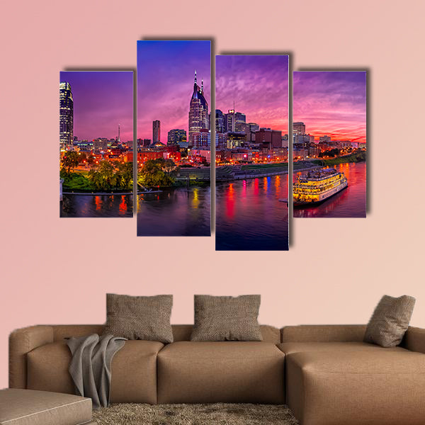 Scenery of Nashville Skyline with boat multi panel canvas wall art