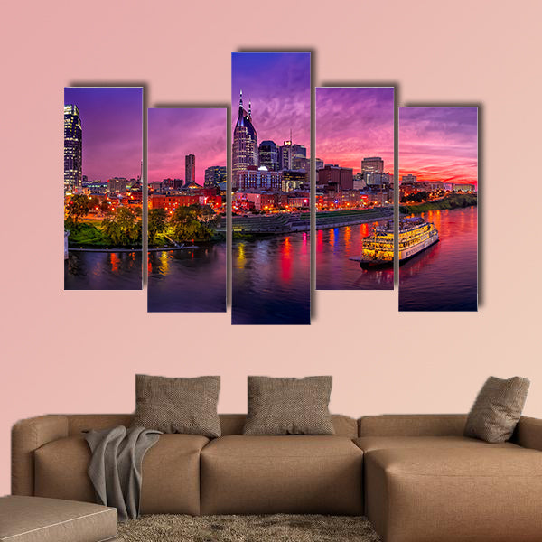 Scenery of Nashville Skyline with boat multi panel canvas wall art