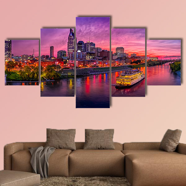 Scenery of Nashville Skyline with boat multi panel canvas wall art