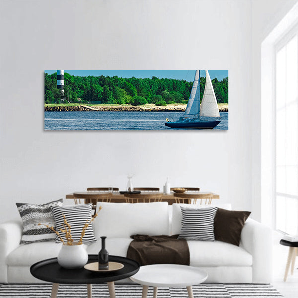 Blue sailboat panoramic canvas wall art