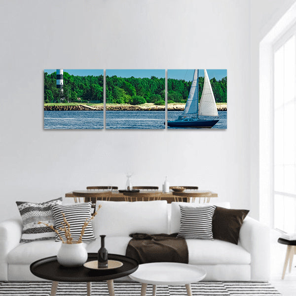 Blue sailboat panoramic canvas wall art