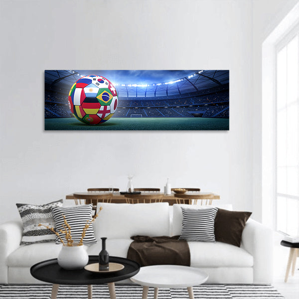 Soccer ball in the stadium panoramic canvas wall art