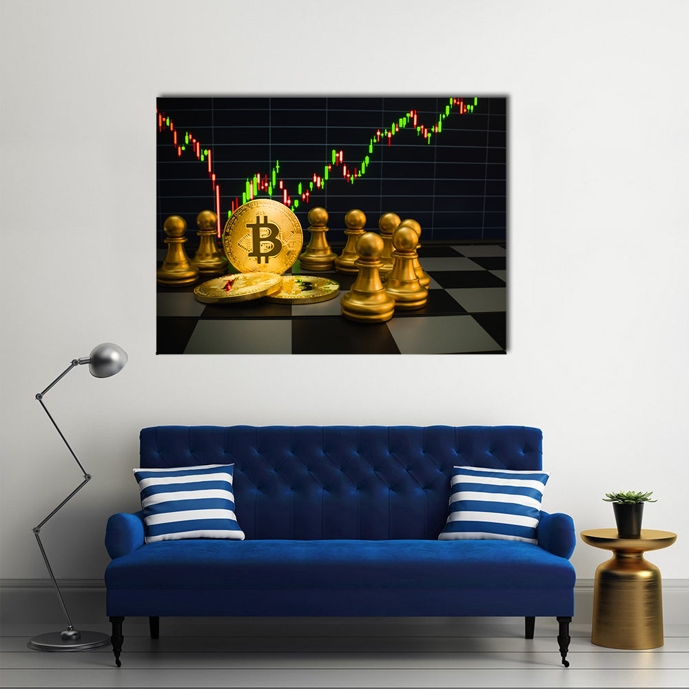 Business strategy ideas concept golden bitcoin and chess board game multi panel canvas wall art