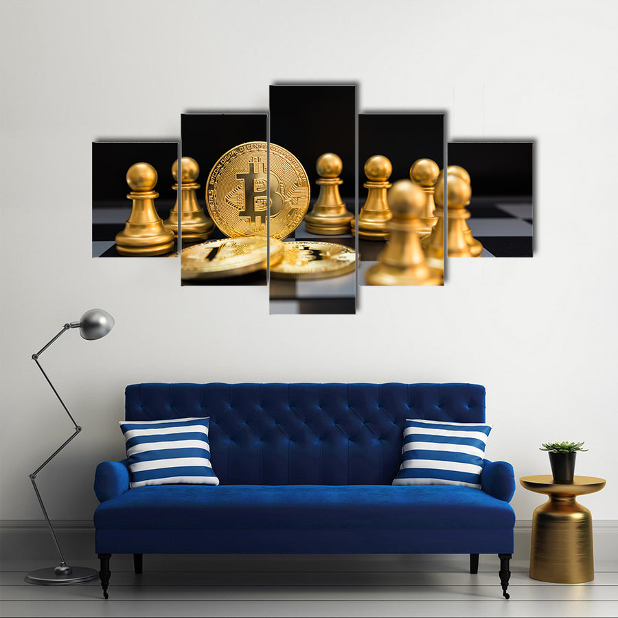golden bitcoin and chess Business strategy ideas concept board game multi panel canvas wall art