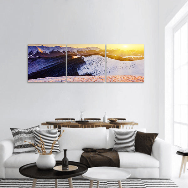 Majestic sunset in winter mountains landscape. HDR image panoramic canvas wall art
