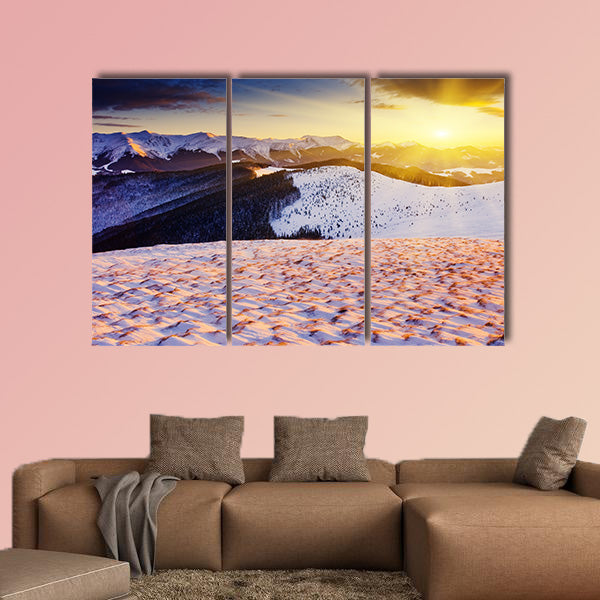 The Majestic sunset in the winter mountains landscape multi panel canvas wall art