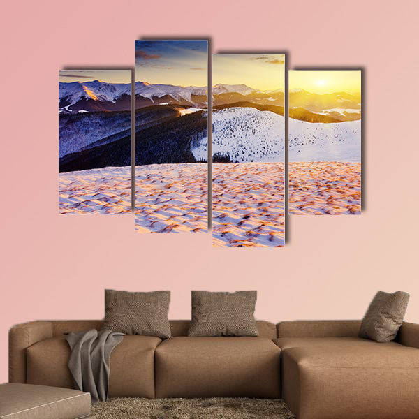 The Majestic sunset in the winter mountains landscape multi panel canvas wall art