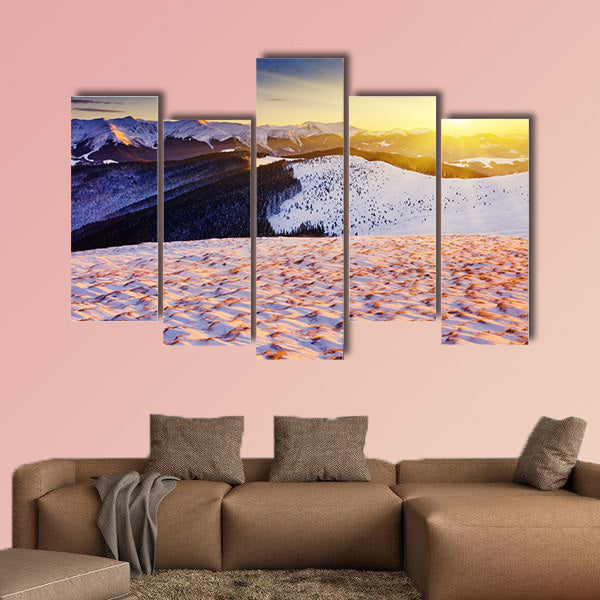 The Majestic sunset in the winter mountains landscape multi panel canvas wall art