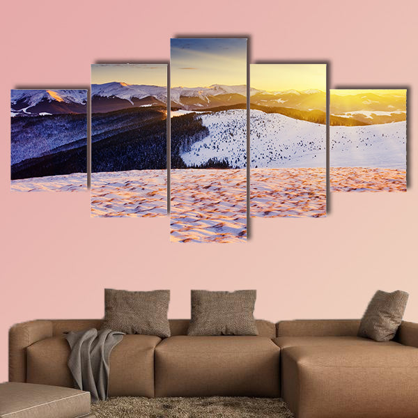 The Majestic sunset in the winter mountains landscape multi panel canvas wall art