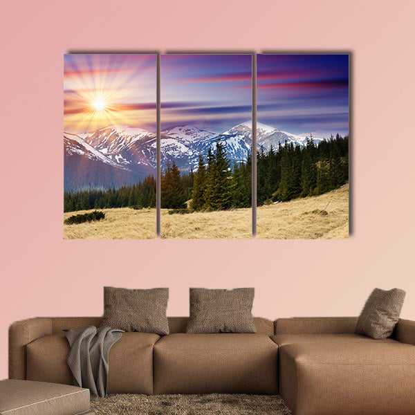 Majestic sunset in the mountains landscape multi panel canvas wall art