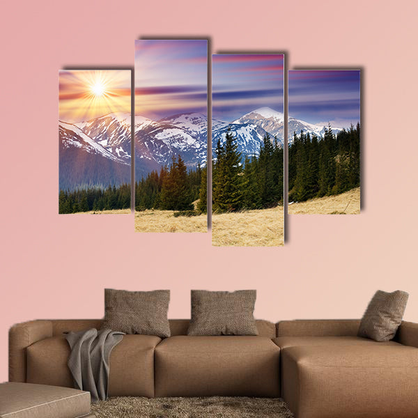 Majestic sunset in the mountains landscape multi panel canvas wall art