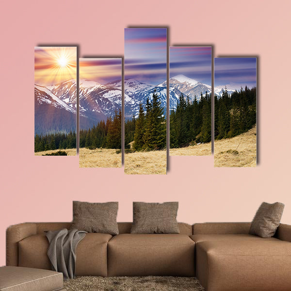 Majestic sunset in the mountains landscape multi panel canvas wall art