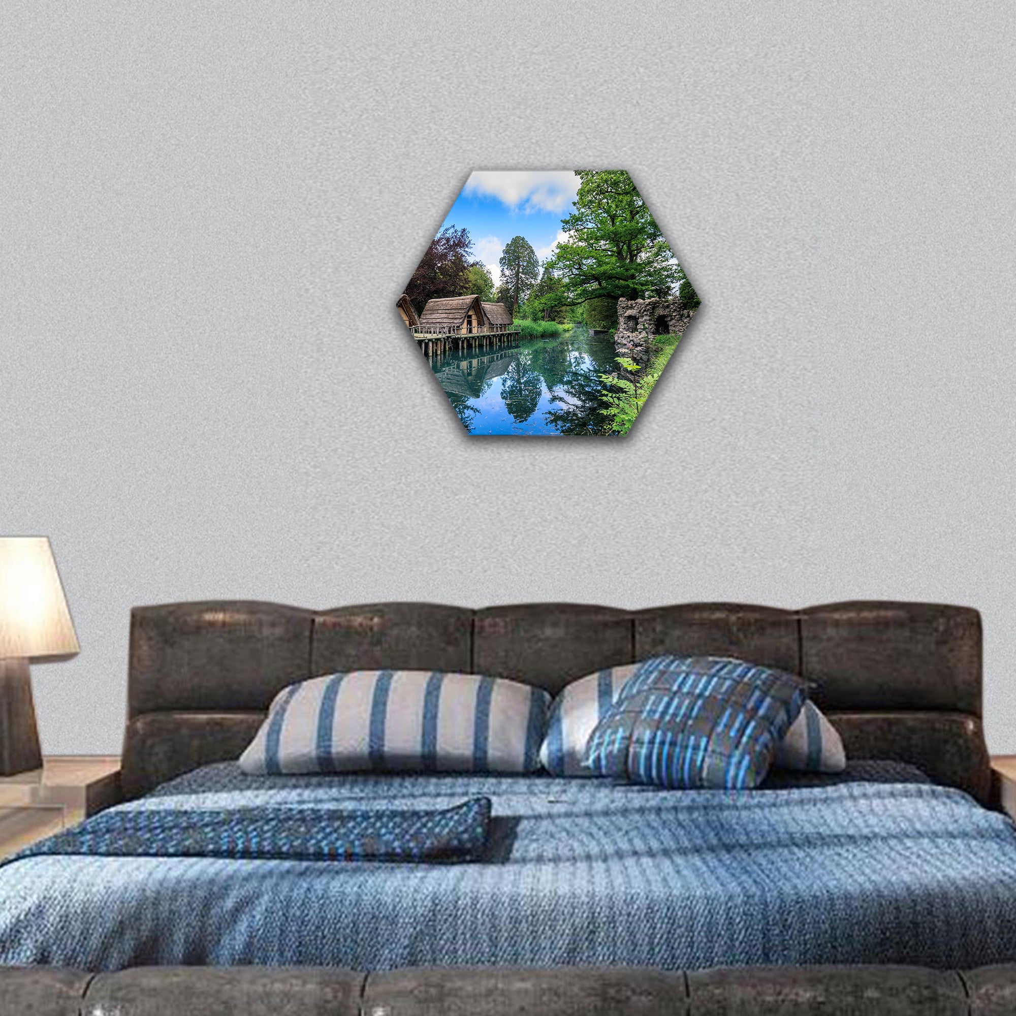 Old straw houses in bally park Switzerland hexagonal canvas wall art