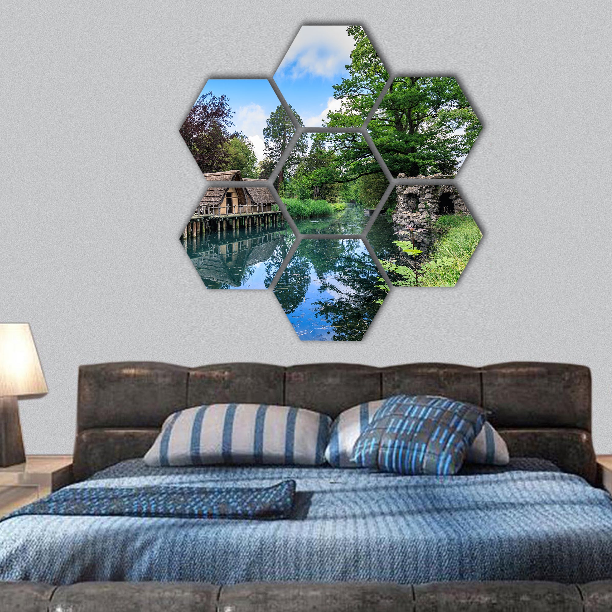 Old straw houses in bally park Switzerland hexagonal canvas wall art