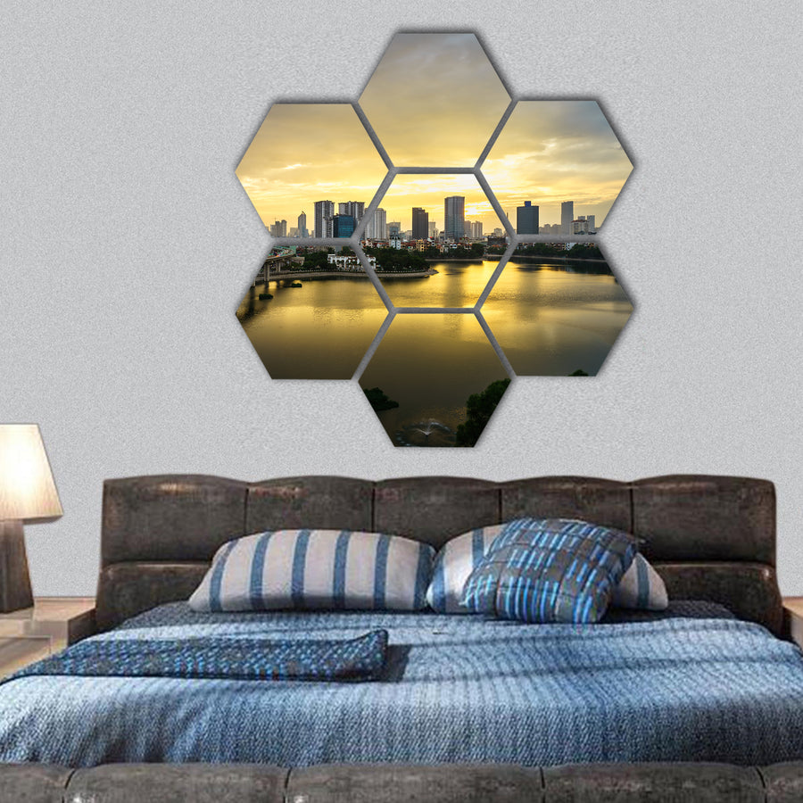 Aerial skyline view of Hanoi hexagonal canvas wall art