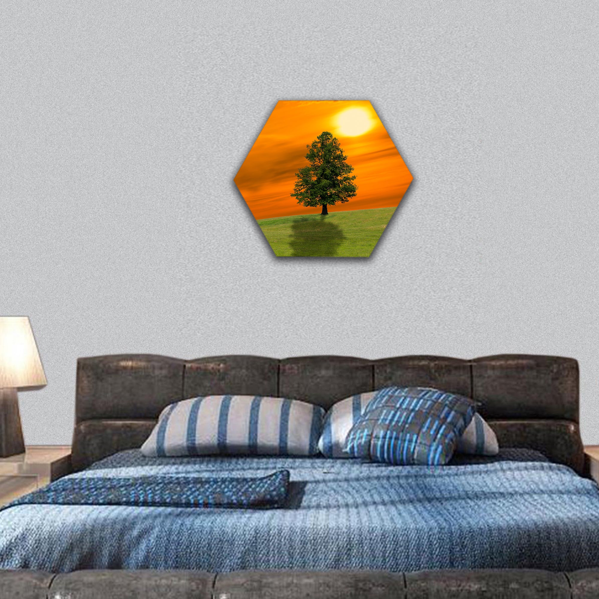 Lonely tree on the green field hexagonal canvas wall art