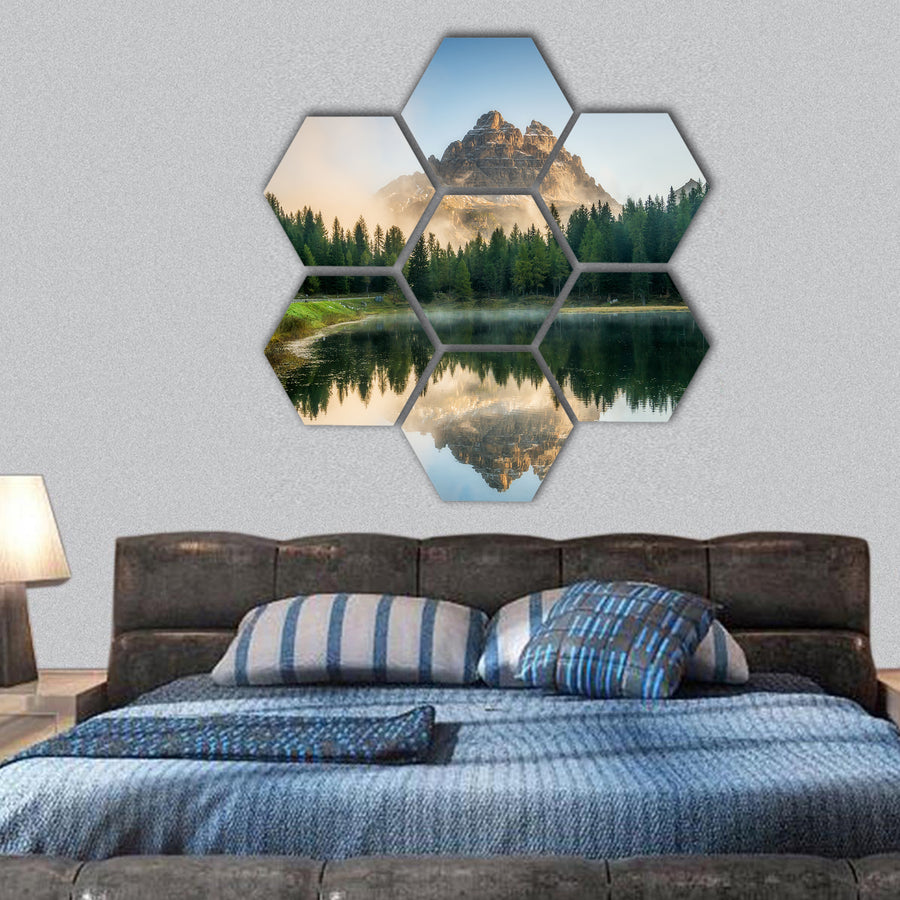Majestic landscape of Antorno lake, Europe hexagonal canvas wall art