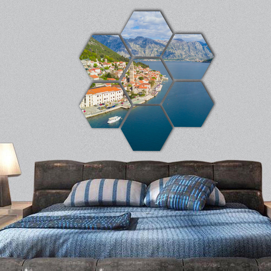 Beautiful city with red roofs near the sea hexagonal canvas wall art