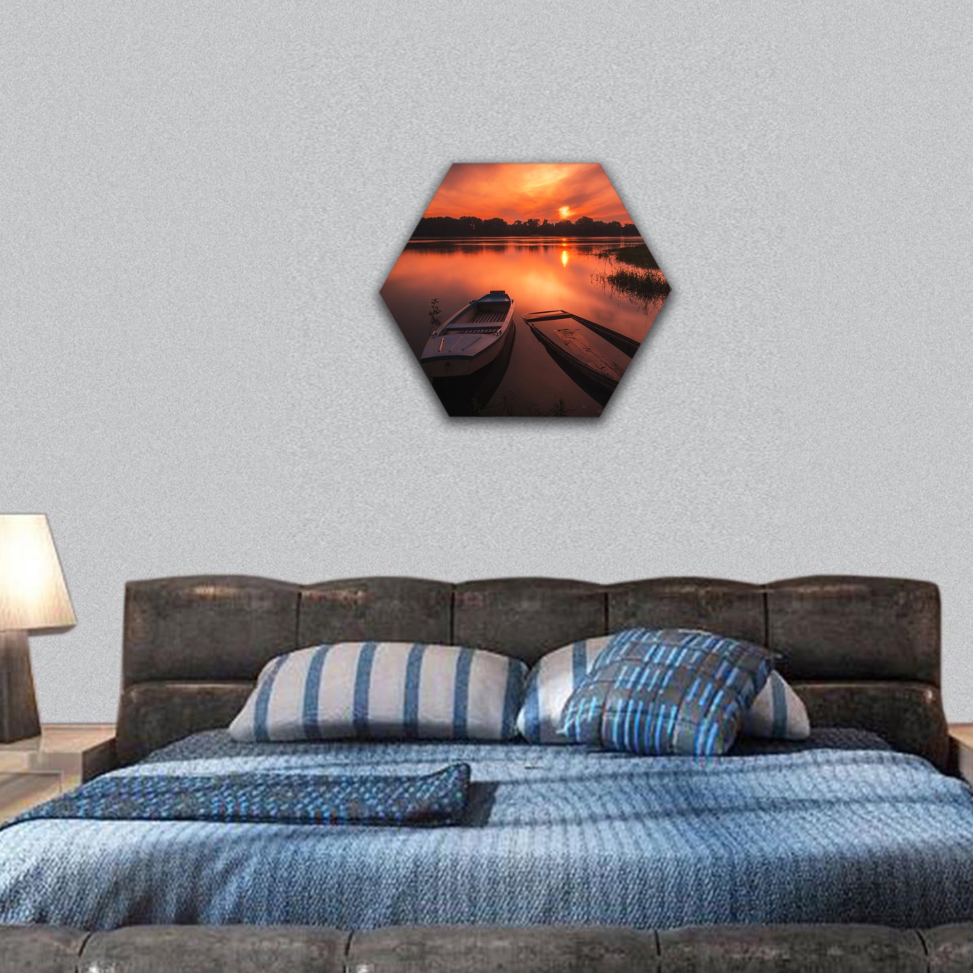 Beautiful sunset on the river hexagonal canvas wall art