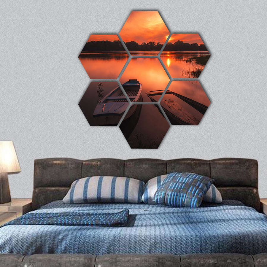 Beautiful sunset on the river hexagonal canvas wall art
