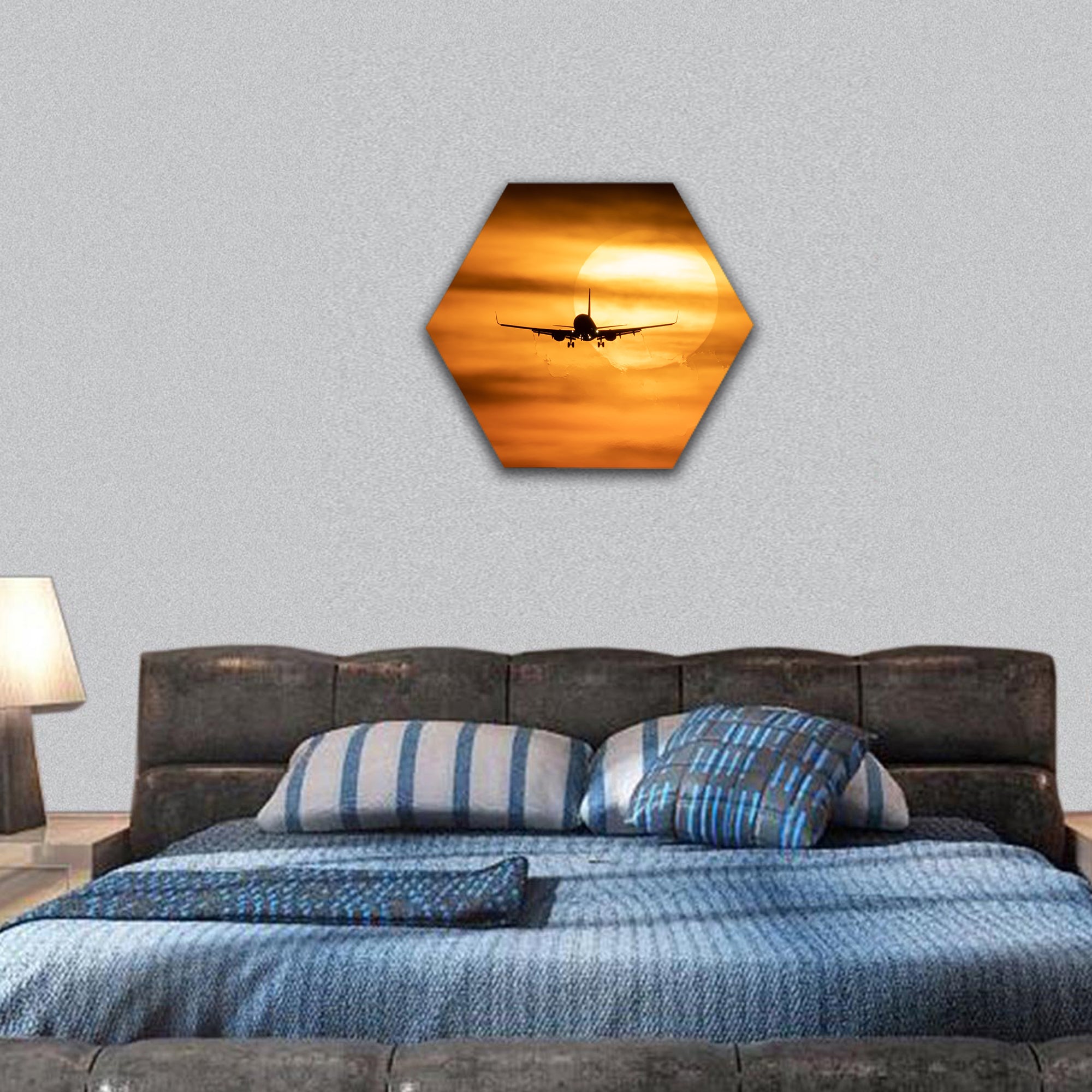 Beautiful sunset with airplane hexagonal canvas wall art