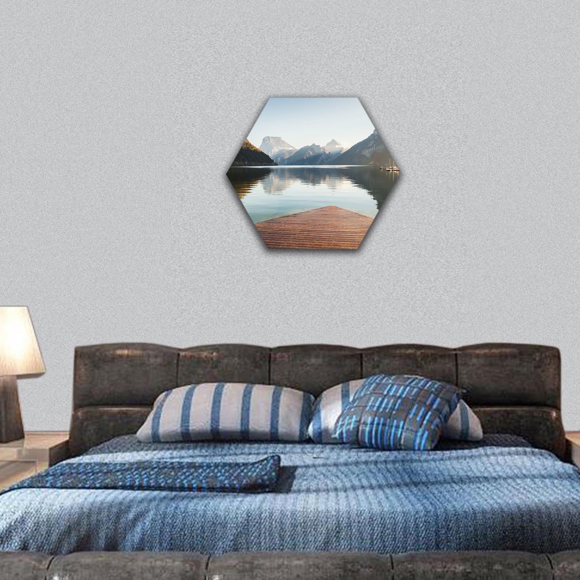 Traunsee lake in Alps mountains, Austria hexagonal canvas wall art