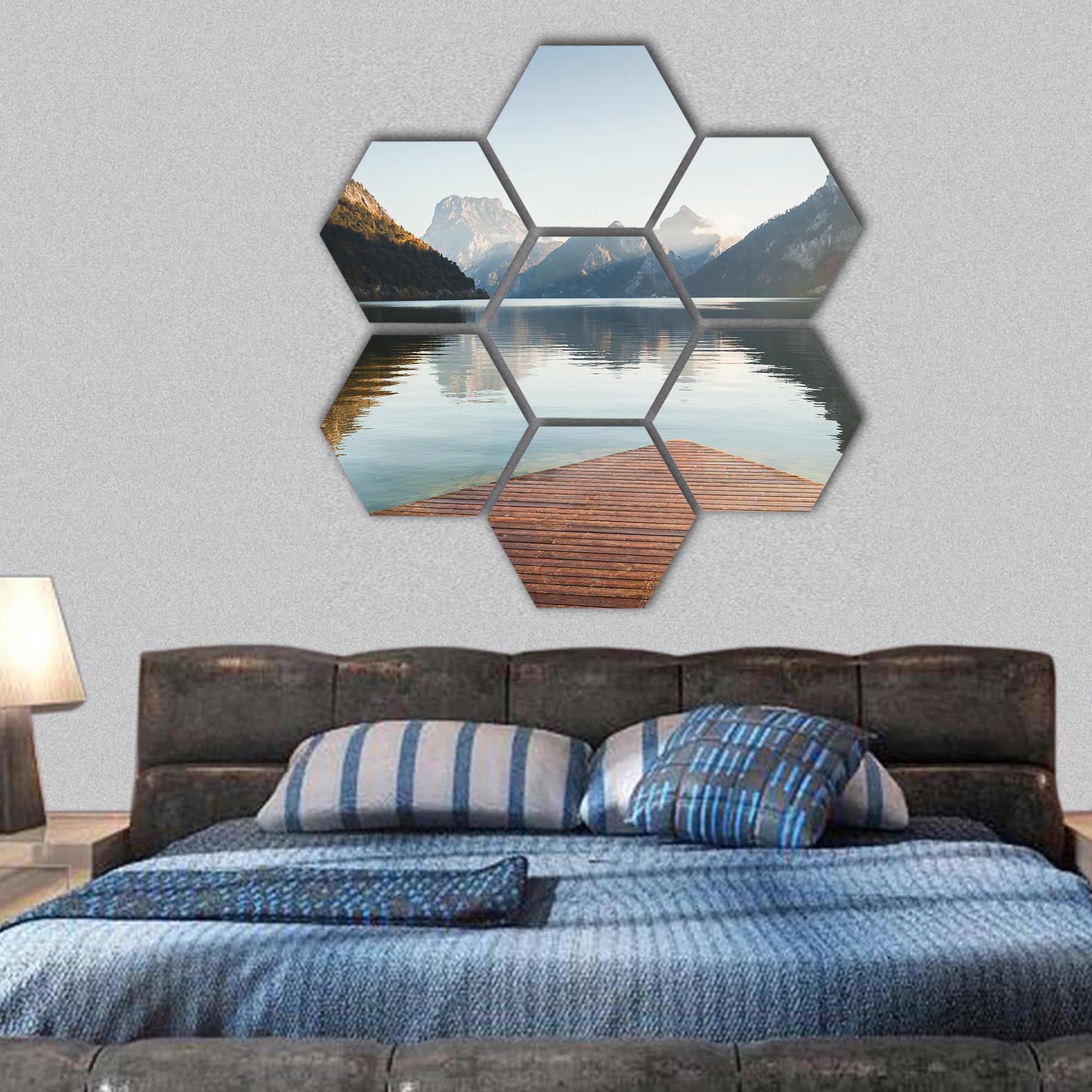 Traunsee lake in Alps mountains, Austria hexagonal canvas wall art