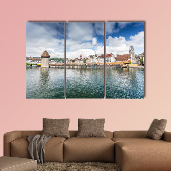 View of the old wooden bridge Capelbrucke in Lucerne multi panel canvas wall art