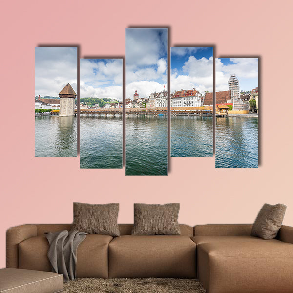 View of the old wooden bridge Capelbrucke in Lucerne multi panel canvas wall art