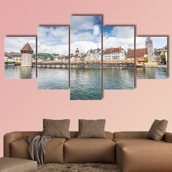 View of the old wooden bridge Capelbrucke in Lucerne multi panel canvas wall art