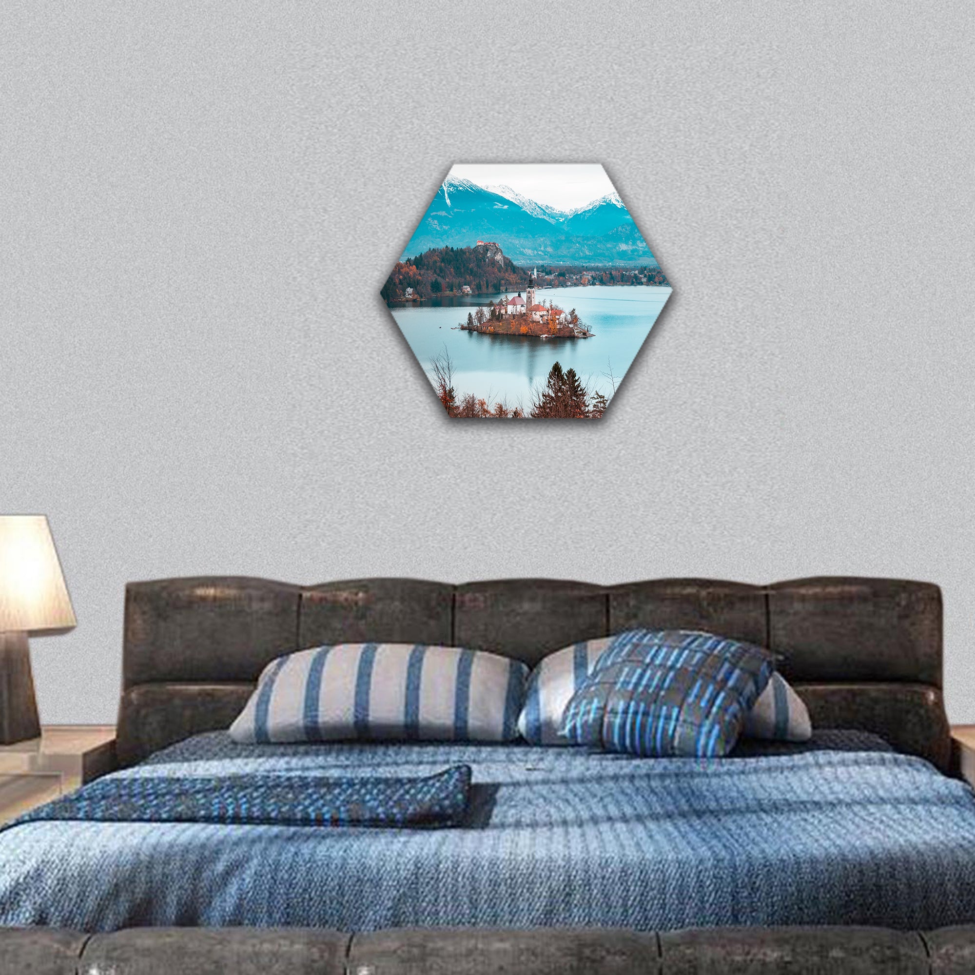Bled Lake during Autumn with Bled Castle  hexagonal canvas wall art