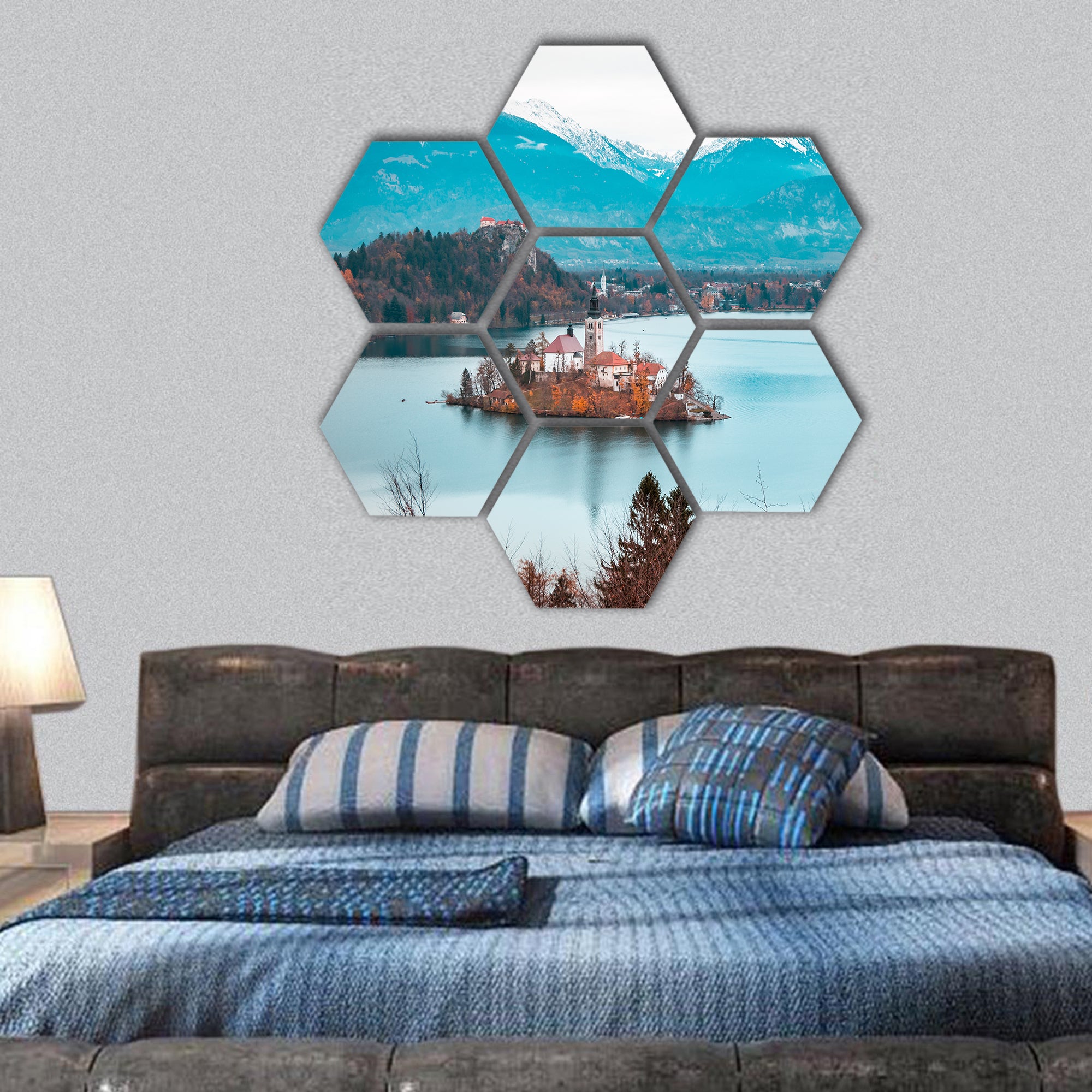 Bled Lake during Autumn with Bled Castle  hexagonal canvas wall art