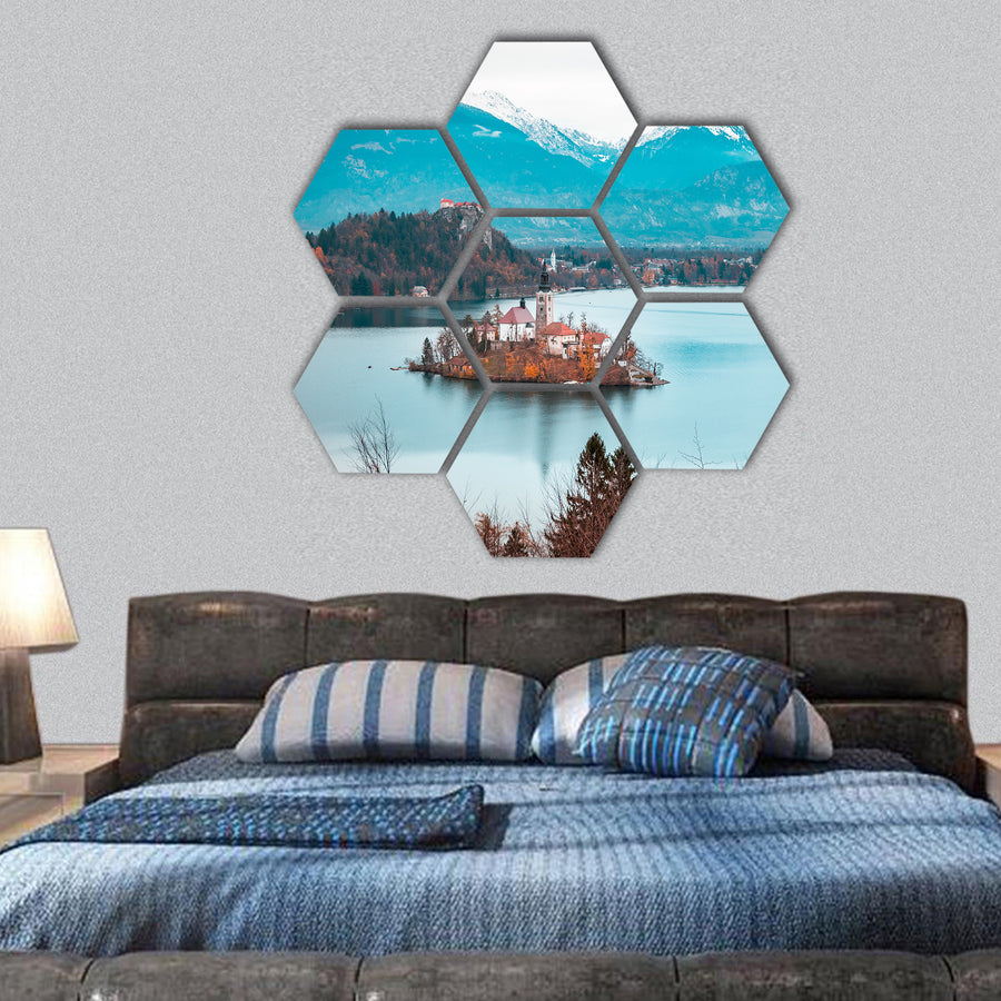Bled Lake during Autumn with Bled Castle  hexagonal canvas wall art