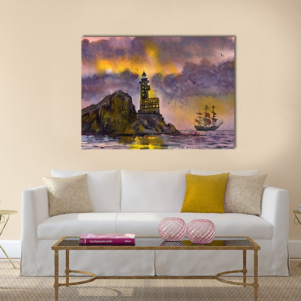 Romantic watercolor painting sunset sea landscape with ship and lighthouse on the rock multi panel canvas wall art