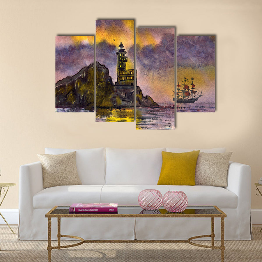 Romantic watercolor painting sunset sea landscape with ship and lighthouse on the rock multi panel canvas wall art