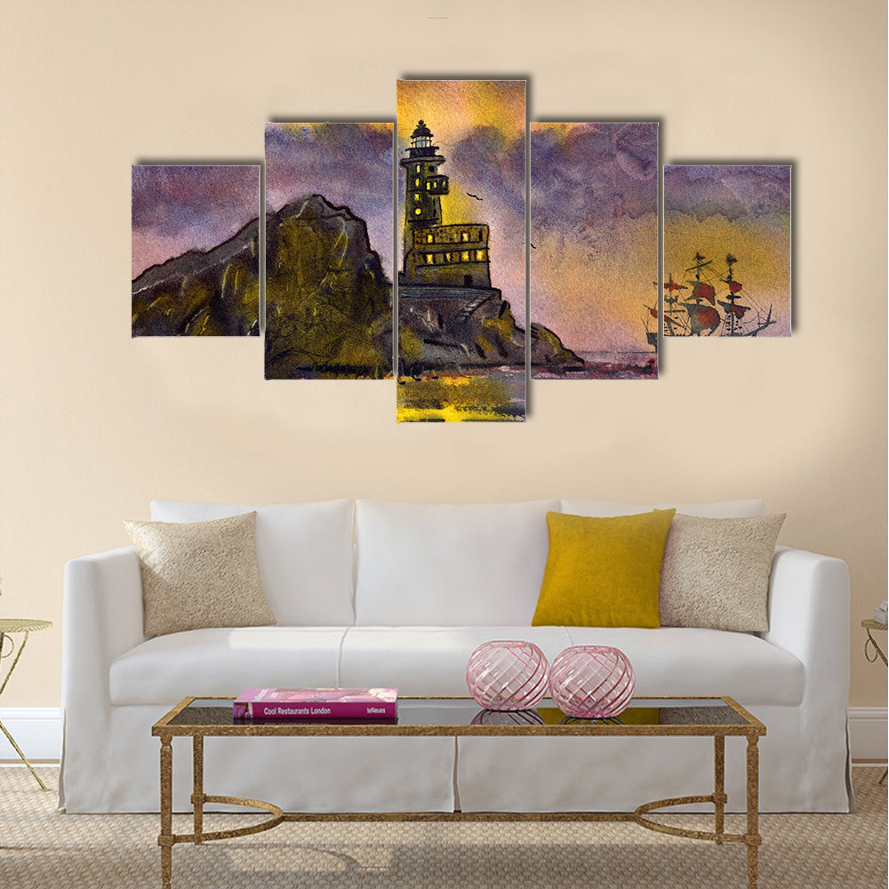 Romantic watercolor painting sunset sea landscape with ship and lighthouse on the rock multi panel canvas wall art
