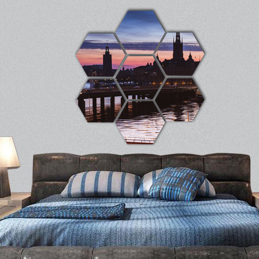 Silhouette of Gamla Stan city with Church hexagonal canvas wall art